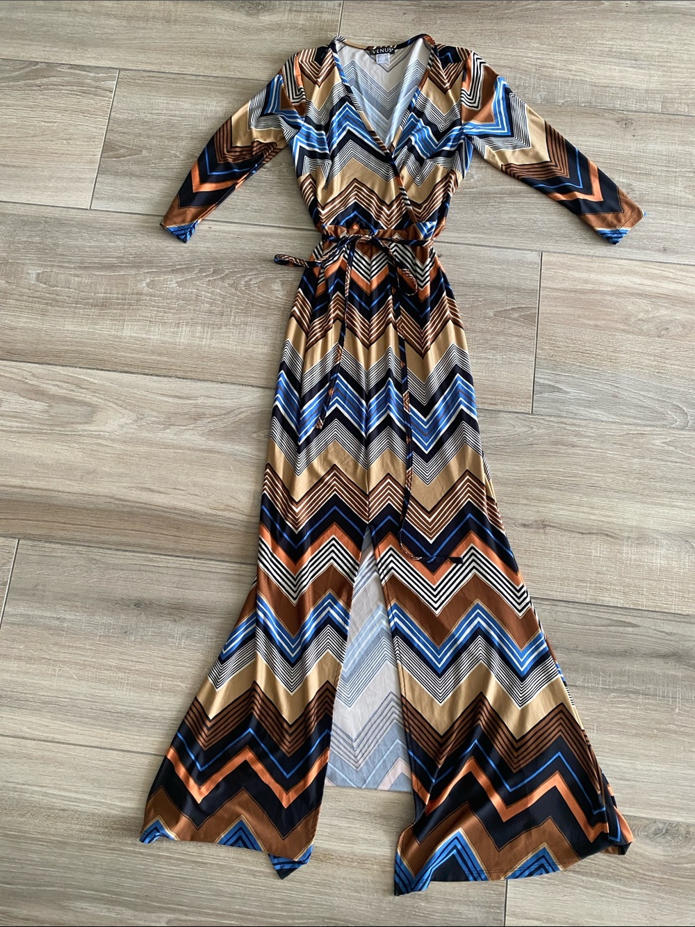 VENUS Chevron Wrap Maxi Dress in Brown and Blue